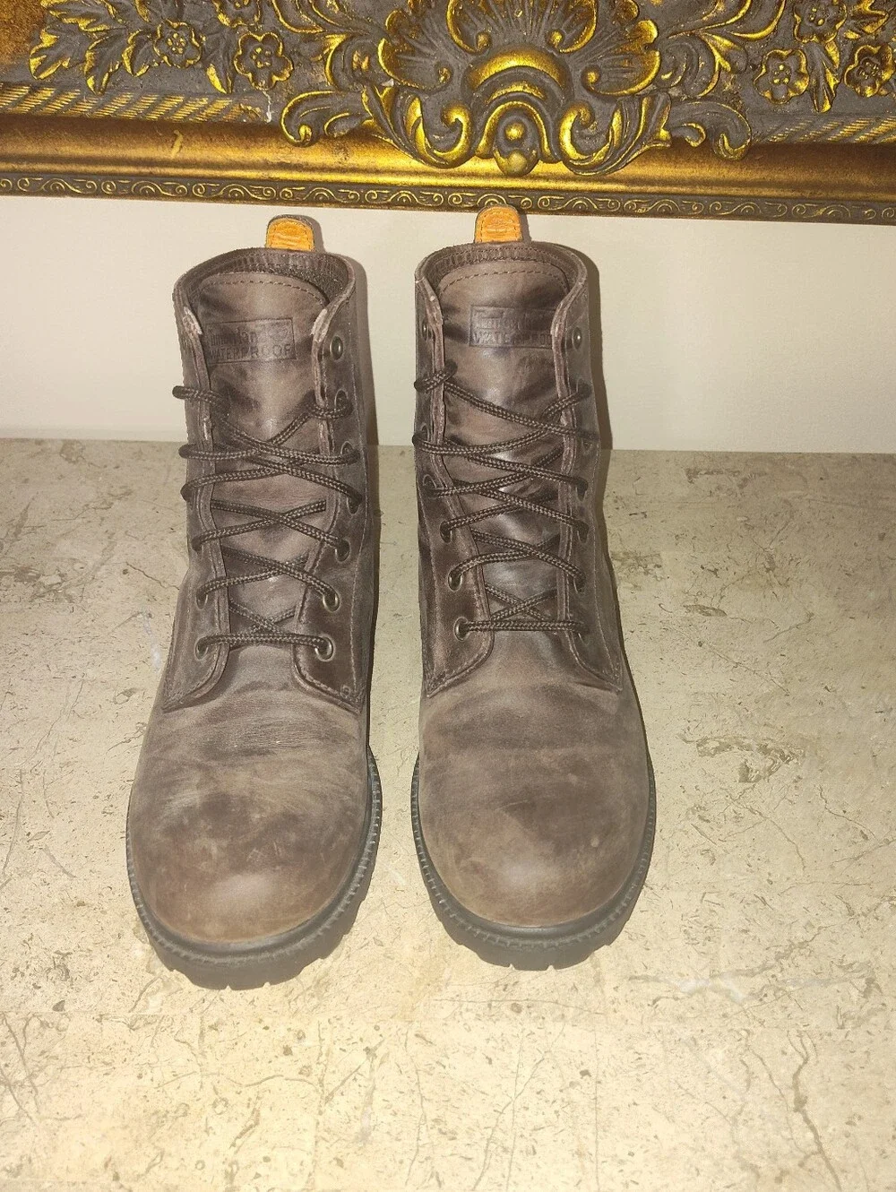 Vintage Timberland 11300 Dark Brown Leather Work Boots with Yellow Pull Tab